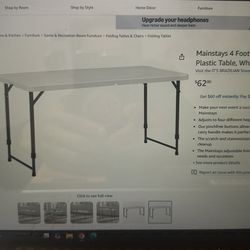 Mainstays 4 Foot Adjustable Height Folding Plastic Table ,White