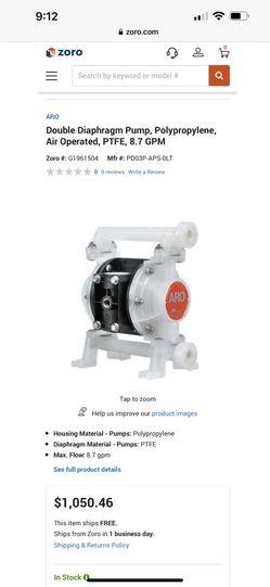 Housing Material - Pumps: Polypropylene Diaphragm Material - Pumps: PTFE Max. Flow: 8.7 gpm Item - Air Operated Pumps: Double Diaphragm Pump Pump Oper