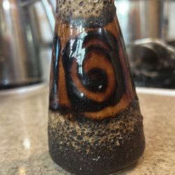 West Germany Fat Lava Pottery 1950S  Mid-Century Modern Antique flower, stem vase. Volcanic Lava Glaze.