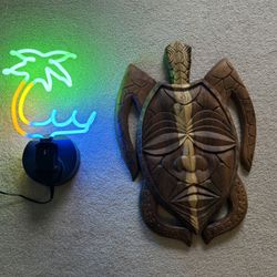 Turtle / Tiki Wood Carving And Neon Palm Tree Light Combo