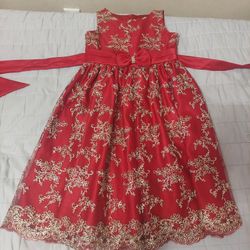 Red Children's Dress With Gold Design  Size 7