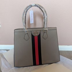 NWT Taupe Handbag with Red and Black Stripe