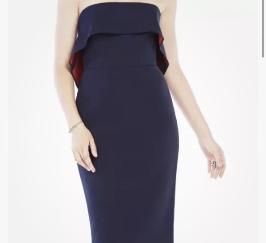 BCBG Maxazria Montana Midi Strapless Blue Red Ruffle Cocktail Dress Size 8