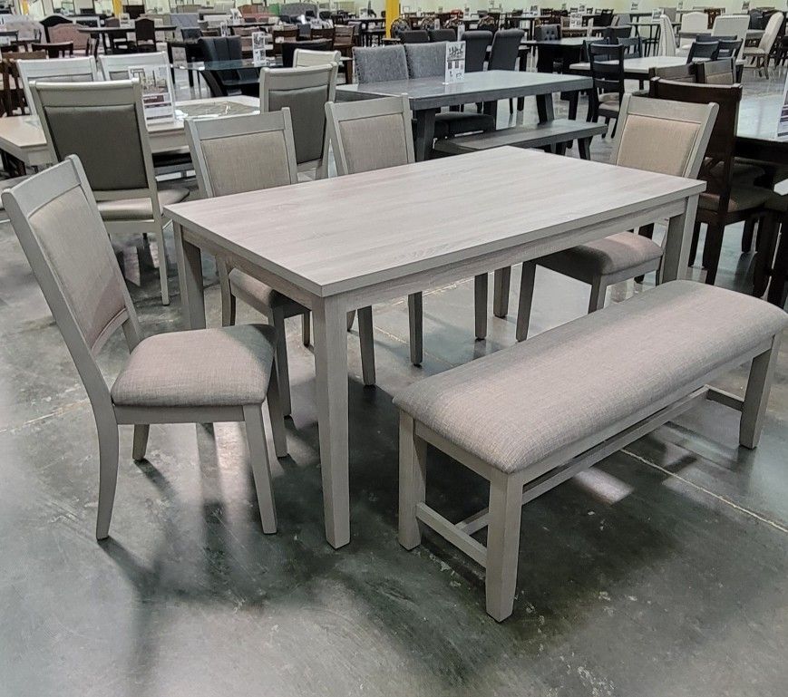 ✅️✅️6 pcs light grey finish wood dining table set padded seat chairs and bench ✅️