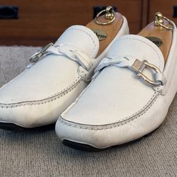 Salvatore Ferragamo Gancini White Calf Leather Men’s Driving Shoes Moccasin Loafers Size 8 D,