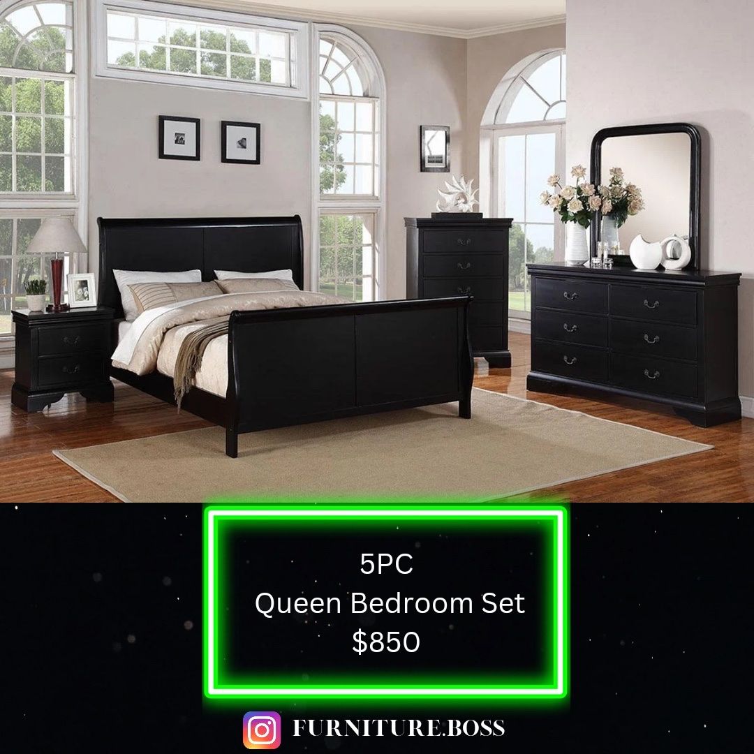 Black Queen Bed Set - Bed Dresser Mirror Nightstand Chest $850