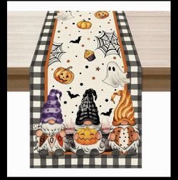 Happy Halloween Table Runner Mantle Gnome Ghost Pumpkins 13 X 72 “ NEW VIBRANT