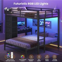Bunk Bed with Desk, Full Over Full Bunk Beds with 5 Storage Drawers & Charging Station, Black 