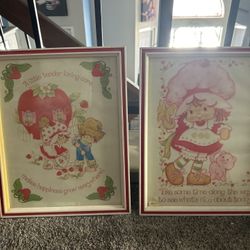 Vintage 1980s Strawberry Shortcake Framed Wall Art Set Retro Nursery Decor