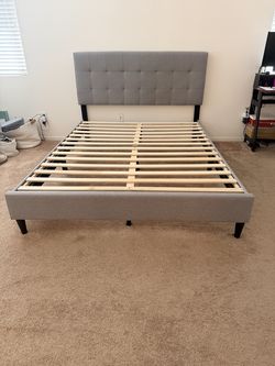 Queen Bed Frame. Upholstered Button Tufted Panel Headboard.