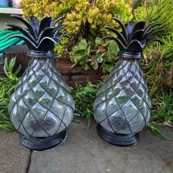 2) Glass Pineapple Hurricane Lanterns Candle Holder Lantern Light Pair Beach