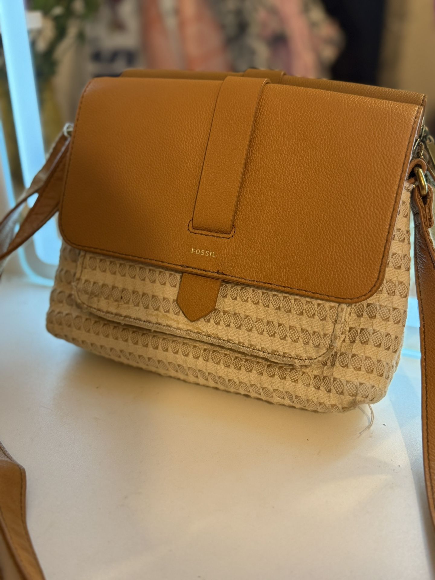 Fossil brown and crème cross body purse