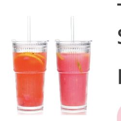 Ribbed Glass Cups With Straws. 2pk. New In Box