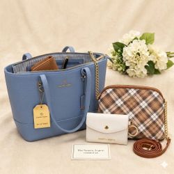 Brand New Nanette Lepore Blue Tote & Brown Plaid Crossbody & White Card Wallet Set