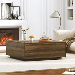 Blotout Square Coffee Table with 2 Large Drawers, 43" Mid Century Modern Coffee Table with Storage, Wood Cocktail Table Center Table with Storage for 