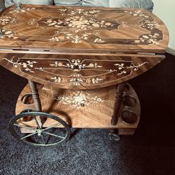 VINTAGE ITALIAN DROP LEAF WINE TEA CART W/ INTRICATE FLORAL MARQUETRY AND BRASS ACCENTS IMPORTATED