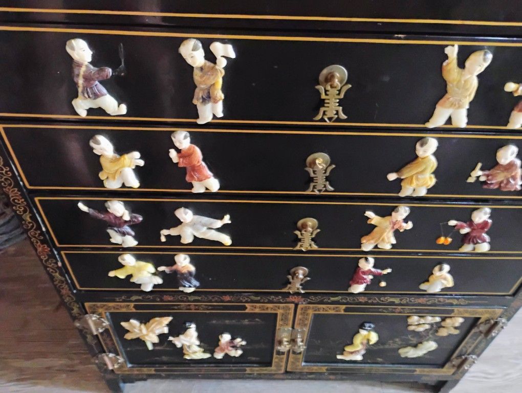 Lacquer Stone Fighting  China Chest Of Drawers 