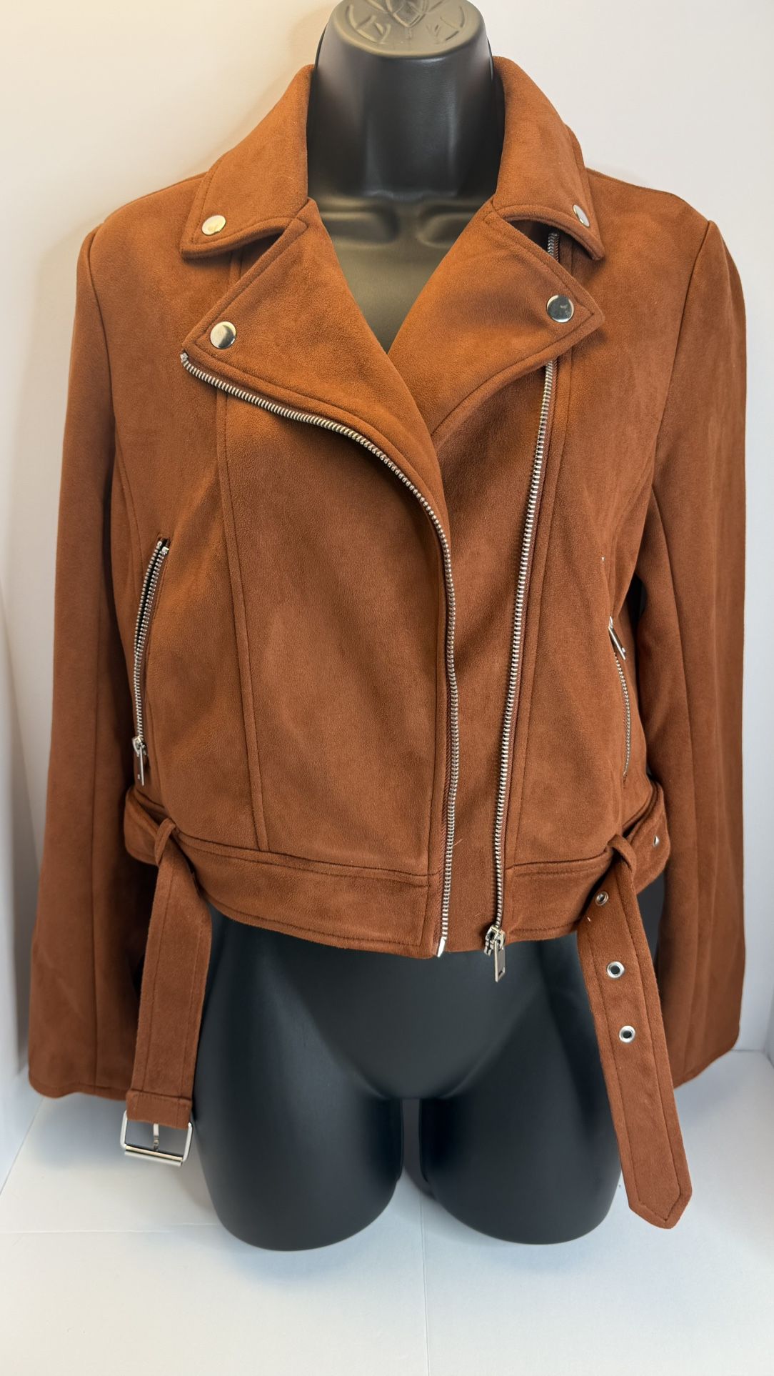 Forever 21 Faux Suede Moto Jacket Brown Rust Women’s Size S Belted Biker Style