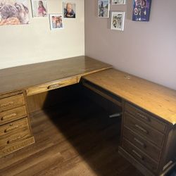 Nice Real Wood L-Shaped Desk 6’5” X 5’7”. Heavy Will Need 2