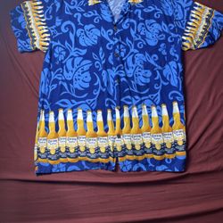 Corona Extra Hawaiian Aloha Shirt Blue Gold Beer Bottles Monstera Hibiscus Sz XL