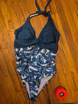 Womens bathing suit halter tropical leaf teal one piece large