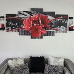 5-Panel Red Floral Wall Art with Matching Candle Holders – Elegant Statement Set