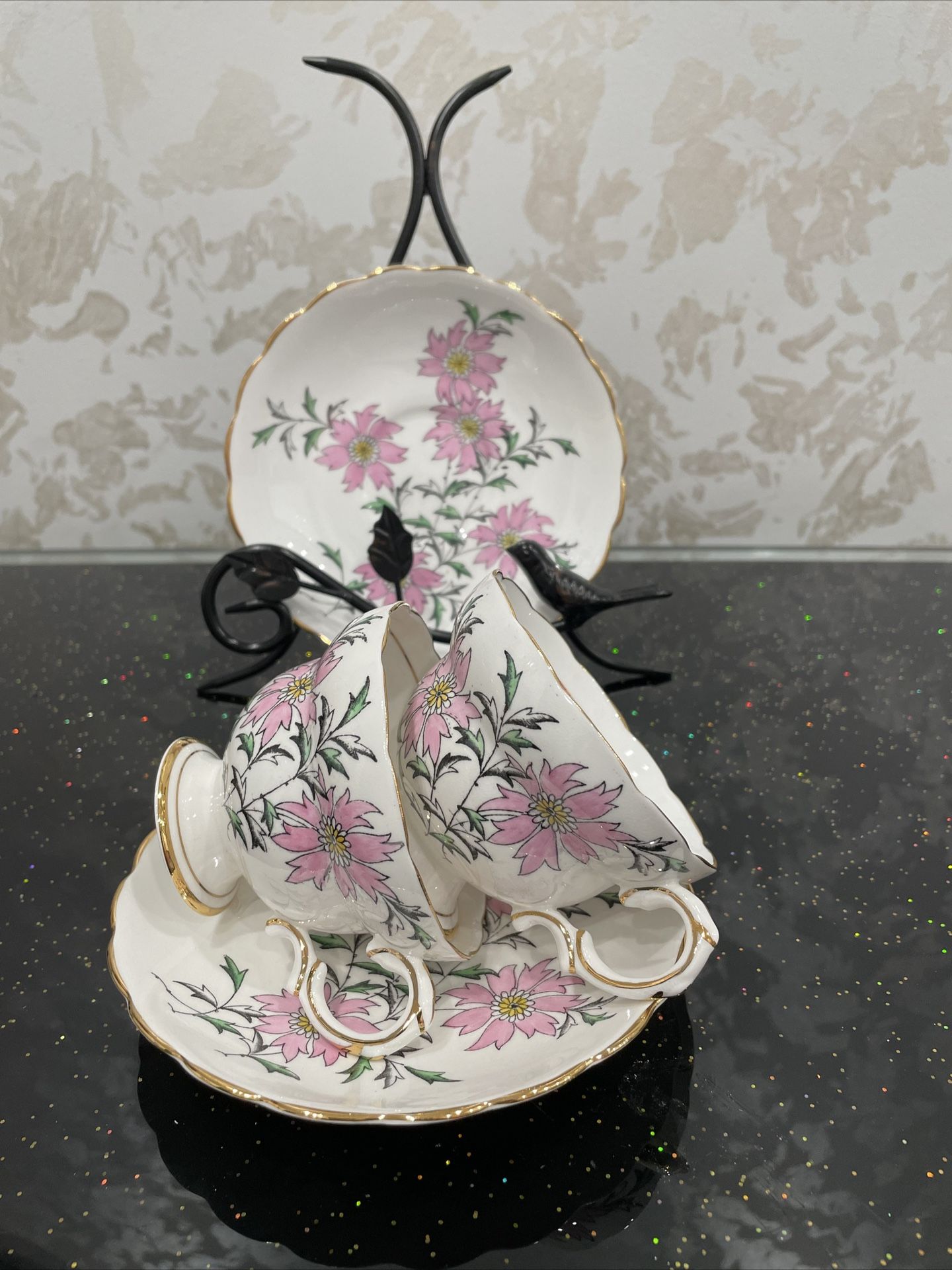 2 VTG Rosina Bone China Cup/Saucer, # 4899. Pink Flowers/Green Leaves. Perfect.