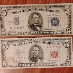 USA America 1934 Silver Certificate $5 And 1963 Red Seal $5 Bills Banknotes Currency 
