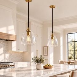 Modern Globe Pendant Lights Kitchen Island 2-Pack with Clear Glass Shade
