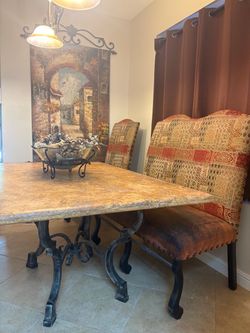 Dining table 2 chairs and a bench