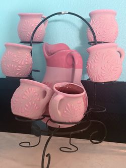 Pink Ceramic Pitcher and Mug Set with Stand