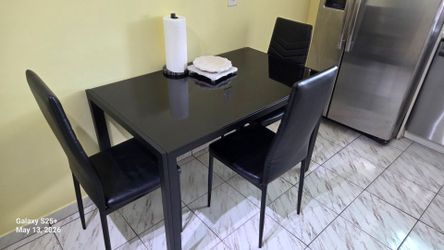 Modern Black Glass Dining Table Set with 4 Chairs
