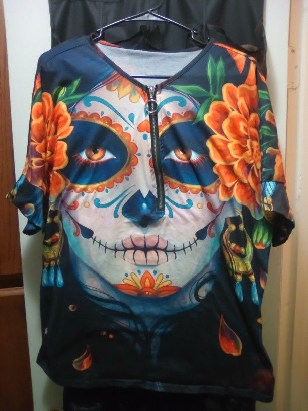 Sugar Skull Shirt Women's Clothing Day Of The Dead Halloween Sugar Skull Queen 1x Multicolor Shirt