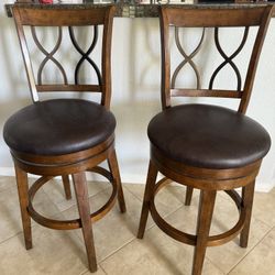 Hardwood Brown Leather Swivel Barstools 