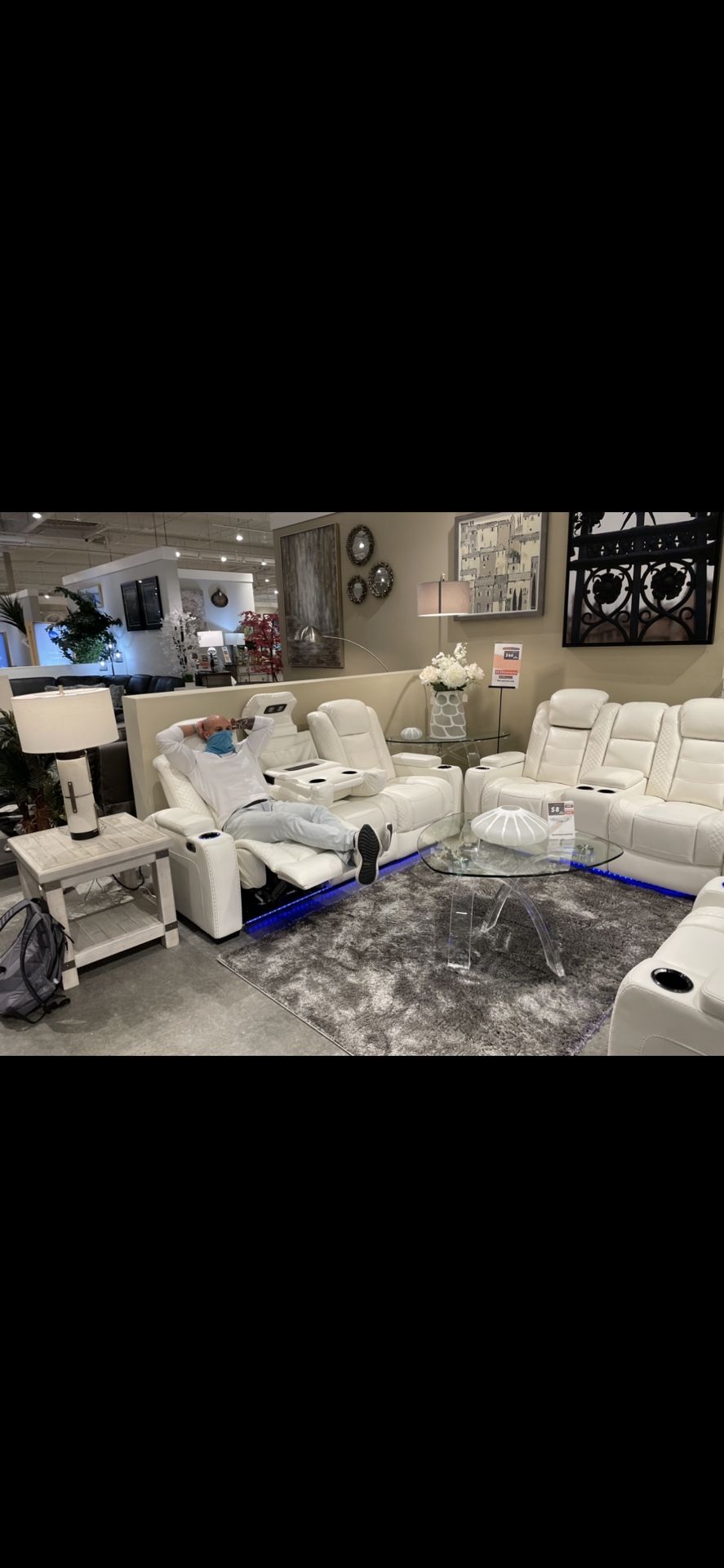 Power Reclining Sofa and Love Seat w/ Adjustable Headrest in White Leather