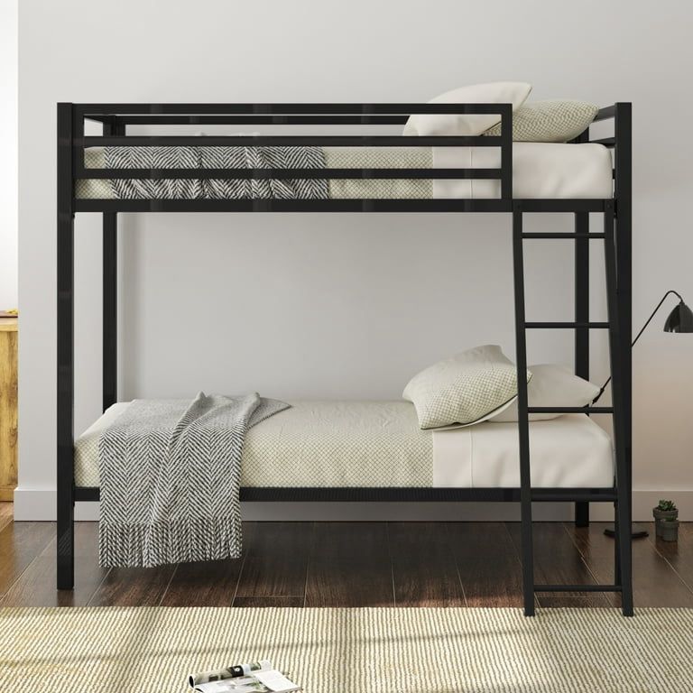 Metal Bunk Bed Twin Over Twin Size with Angled Ladder & Guardrail, Space-Saving, Black
