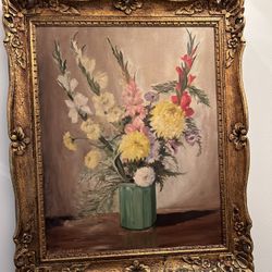 Vintages  Beautiful Flowers In Vase In A Beautiful Gold Frame