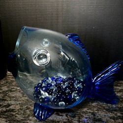 Mid Century BLENKO Blue Fish Aquarium w/ Marbles 12.5"