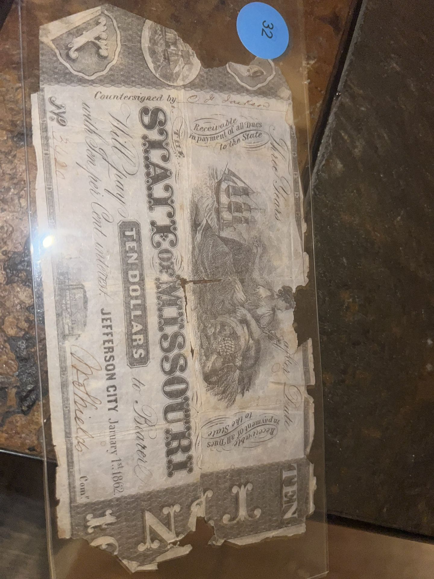 1862 Civil War The State Of Missouri 10 Dollar Note