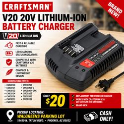 Craftsman V20 20V Lithium-Ion Battery Charger Replacement – Compatible with CMCB104 & V20 Batteries