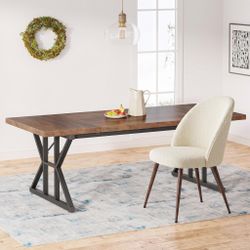 Homy Casa Leonard + Haven 5PC Dining Set 63” Walnut Finish Table with 4 Beige Fabric Upholstered Chairs