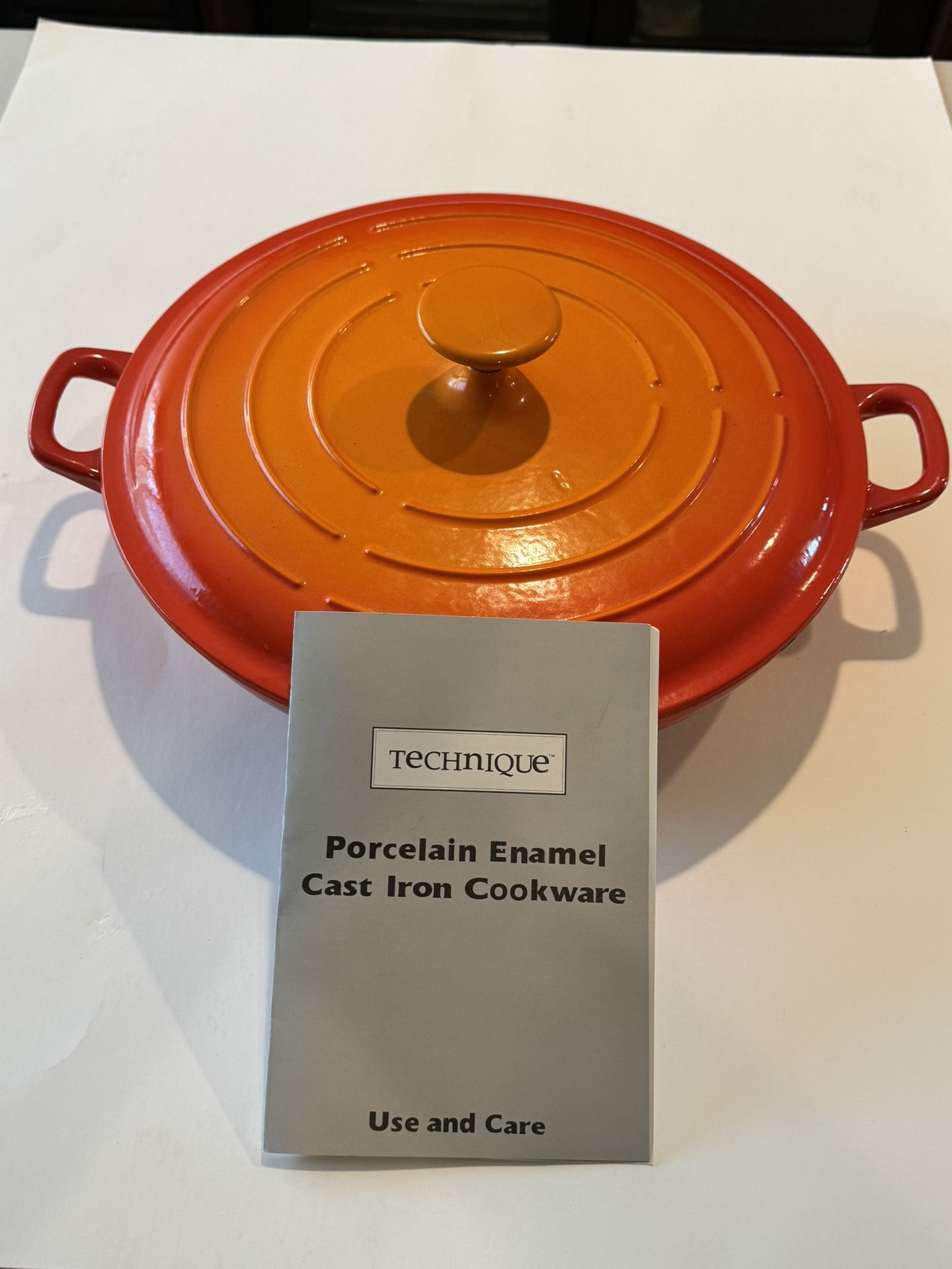 Technique Orange Enameled Cast Iron Pan Lid Casserole Vintage 12:25” Never Used!