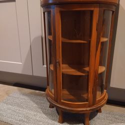 Vintage Mini Curved Glass Wood Curio Cabinet