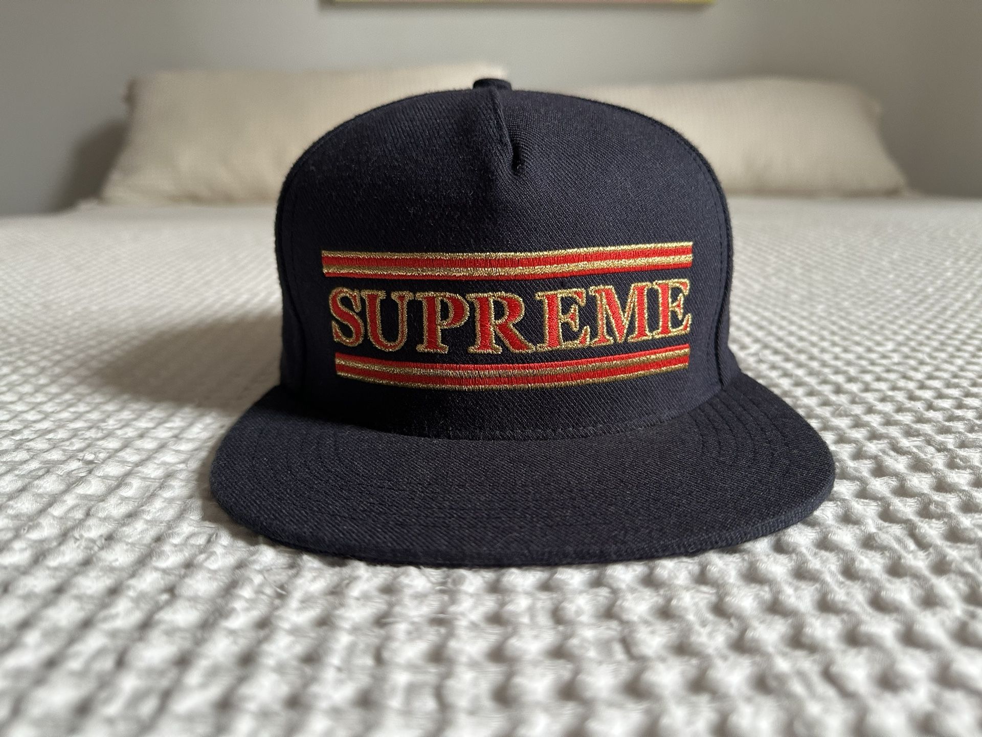 Supreme Independent Stripes 5 Panel Navy Cap Hat with Red + Gold. 2016