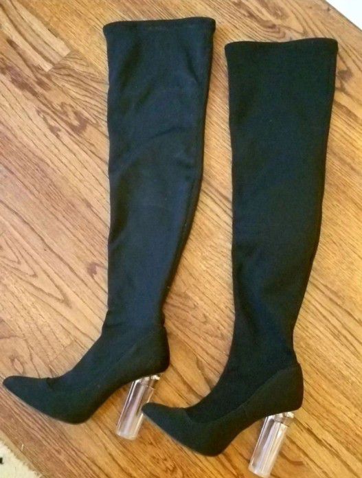 Knitted Thigh High Boots With Lucite Heel