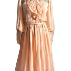 Vintage 70's Pink Victorian Lace Ruffles High Neck Prairie Long Sleeve Dres
