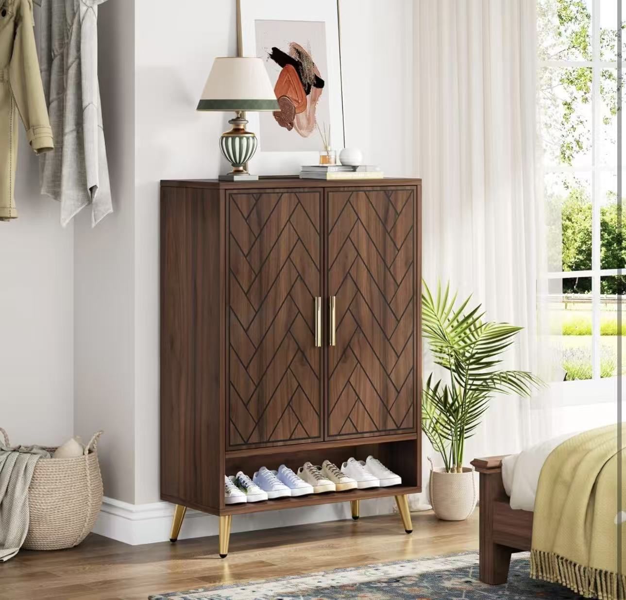 new assembled Walnut Shoe Cabinet with Doors 6 Tier 24 Pairs Shoe Storage Cabinet for Entryway Wooden Entryway Shoe Cabinet with Adjustable Shelves