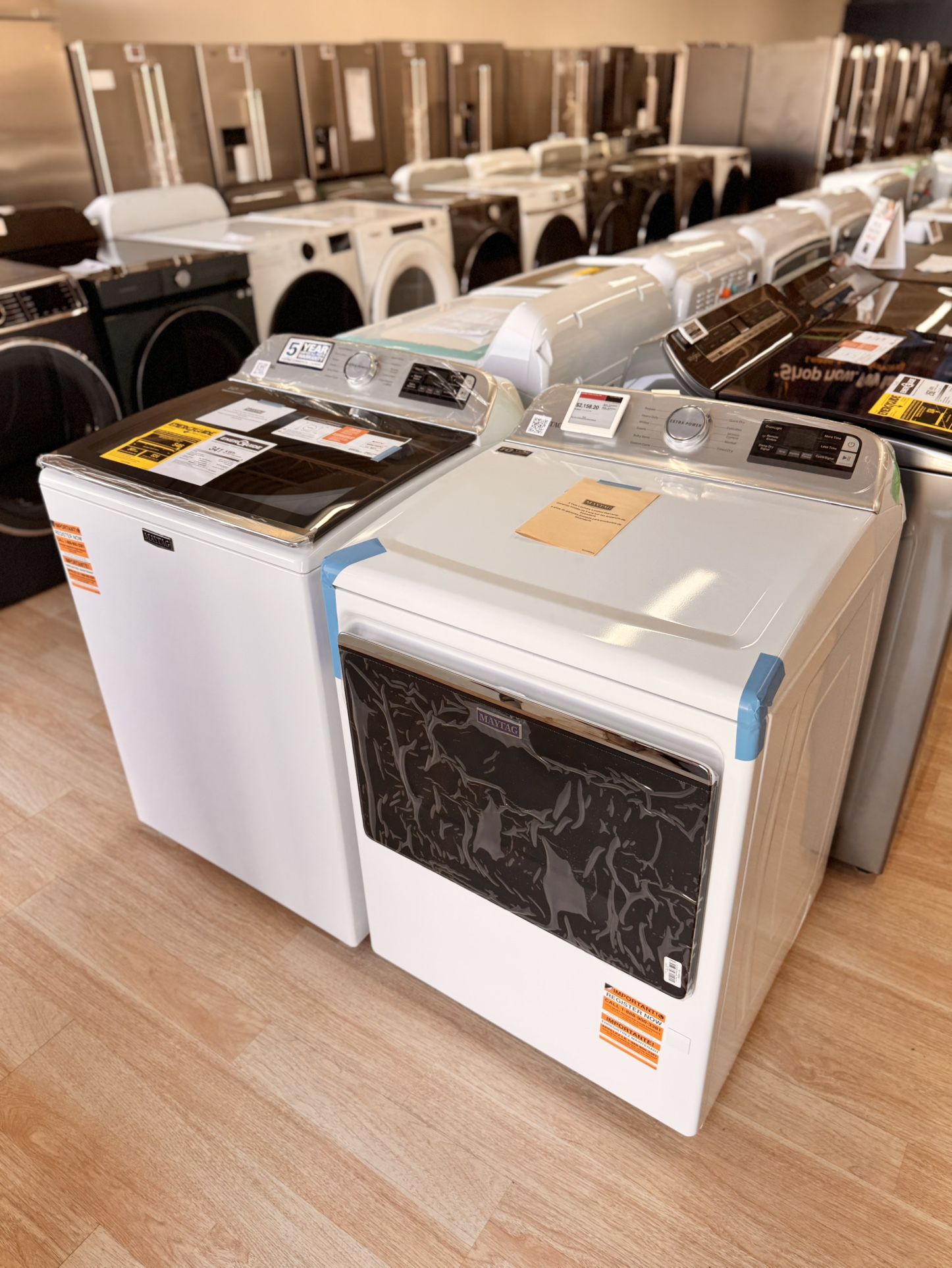 Brand new Maytag 4.7 cu. ft. top-load washer and 7.4 cu. ft. gas dryer set — includes a 5-year warranty!
