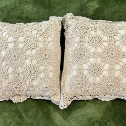 Vintage Pair Accent Pillows Crochet Lace and Rosette Overlay Cotton in Ivory