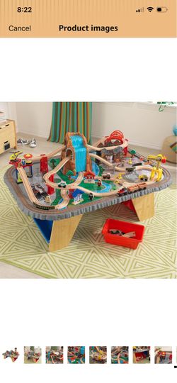 Train table with wood train tracks